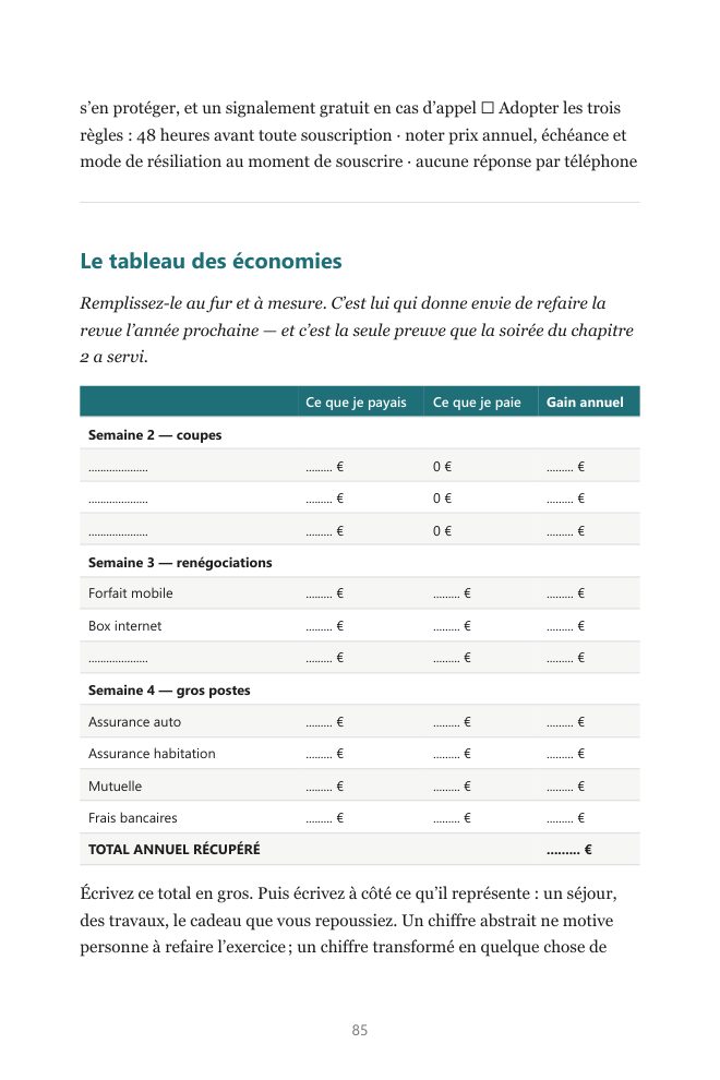 Page du guide : le tableau des économies à remplir